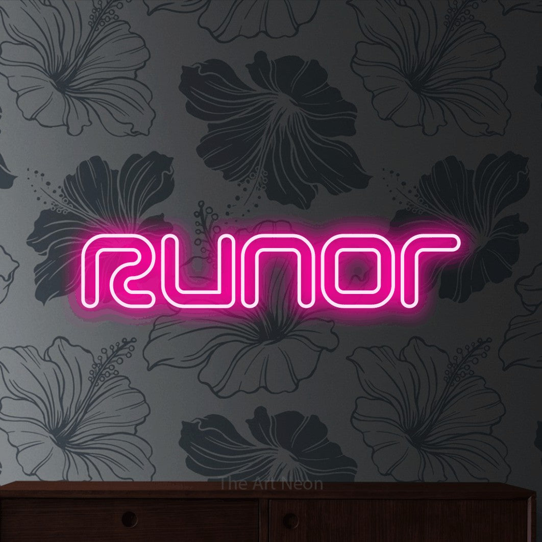 LED neon sign reading “Runor”, arranged in a single line.