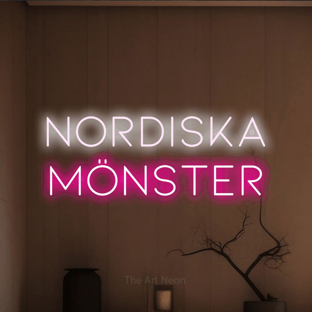 LED neon sign reading “nordiska mönster”, arranged in 2 lines.