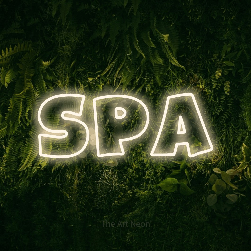 LED neon sign reading “SPA”, arranged in a single line.