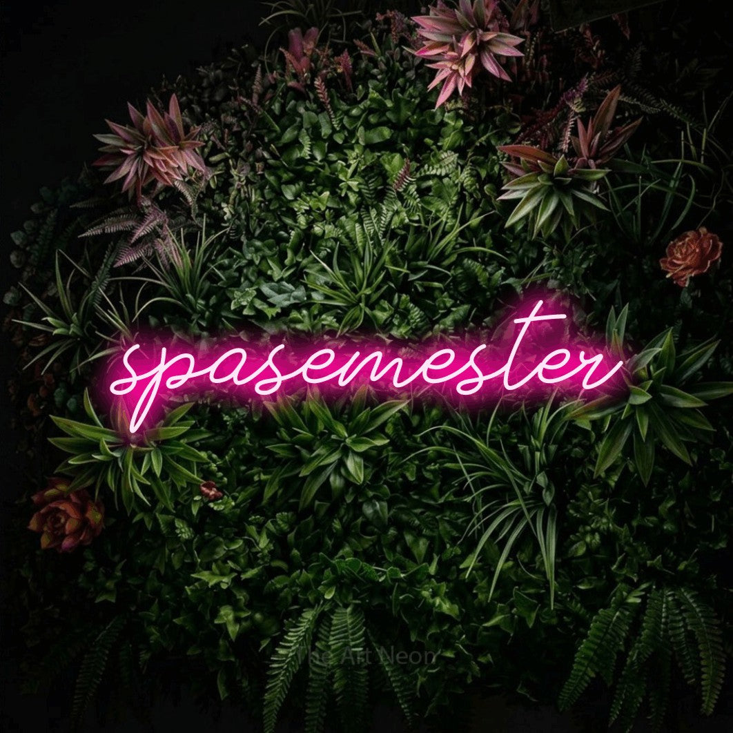 LED neon sign reading “spasemester”, arranged in a single line.