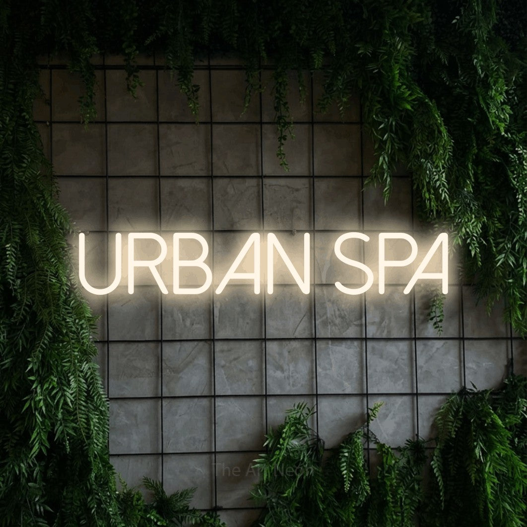 LED neon sign reading “urban spa”, arranged in a single line.