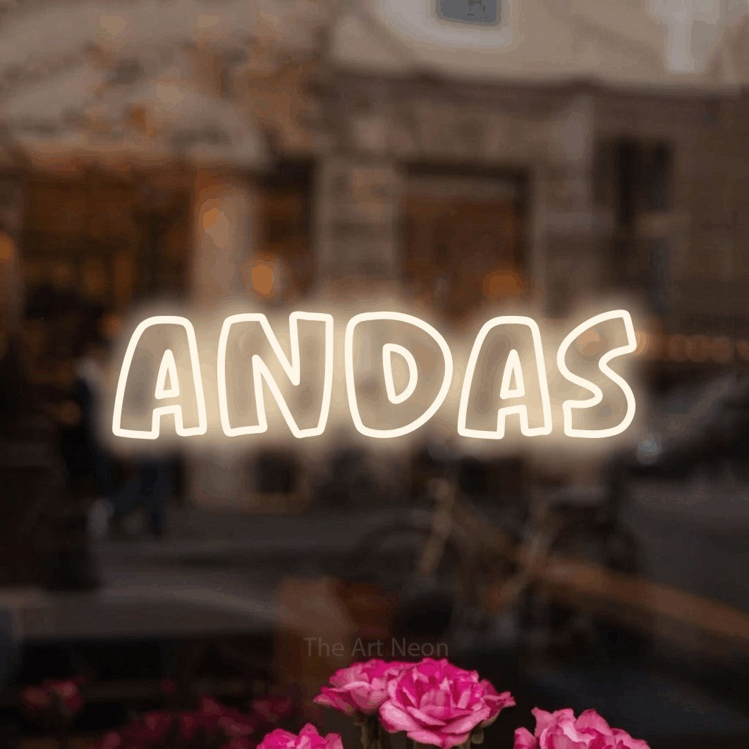 LED neon sign reading “Andas”, arranged in a single line.
