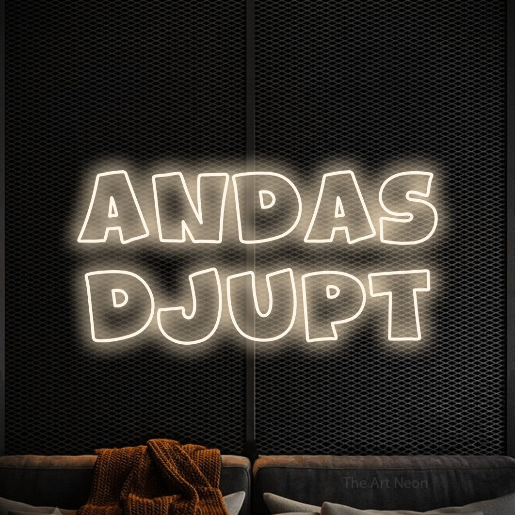 LED neon sign reading “Andas Djupt”, arranged in 2 lines.