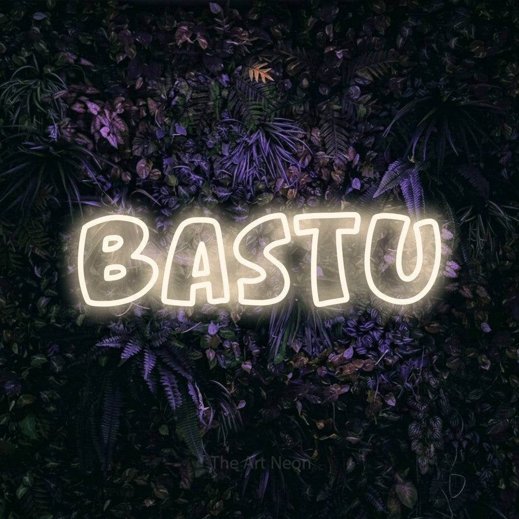 LED neon sign reading “Bastu”, arranged in a single line.