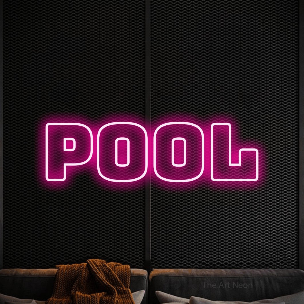 LED neon sign reading “POOL”, arranged in a single line.