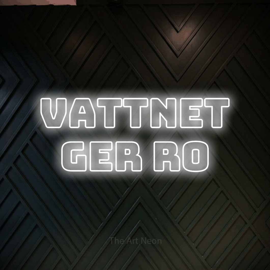 LED neon sign reading “Vattnet ger ro”, arranged in 2 lines.