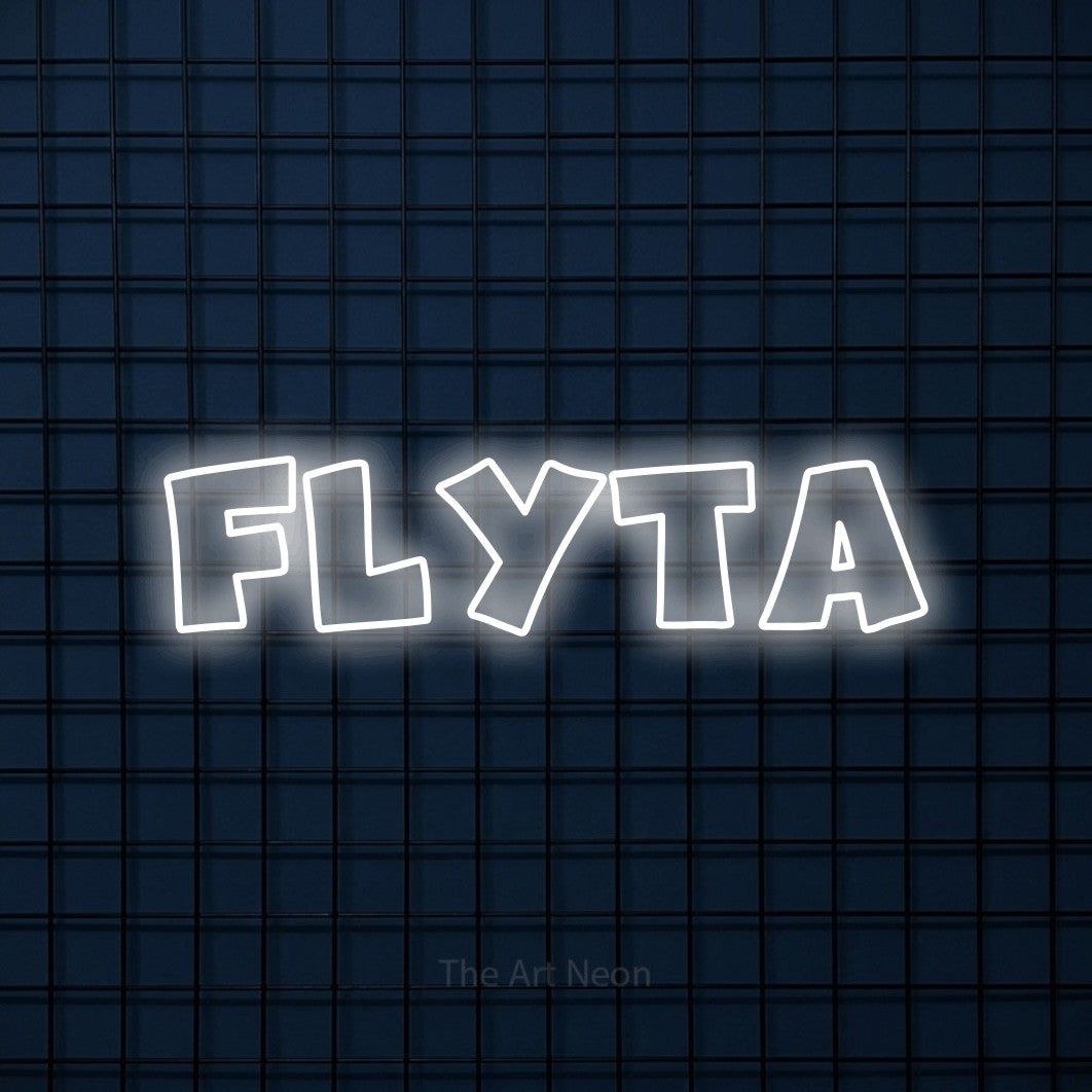LED neon sign reading “Flyta”, arranged in a single line.