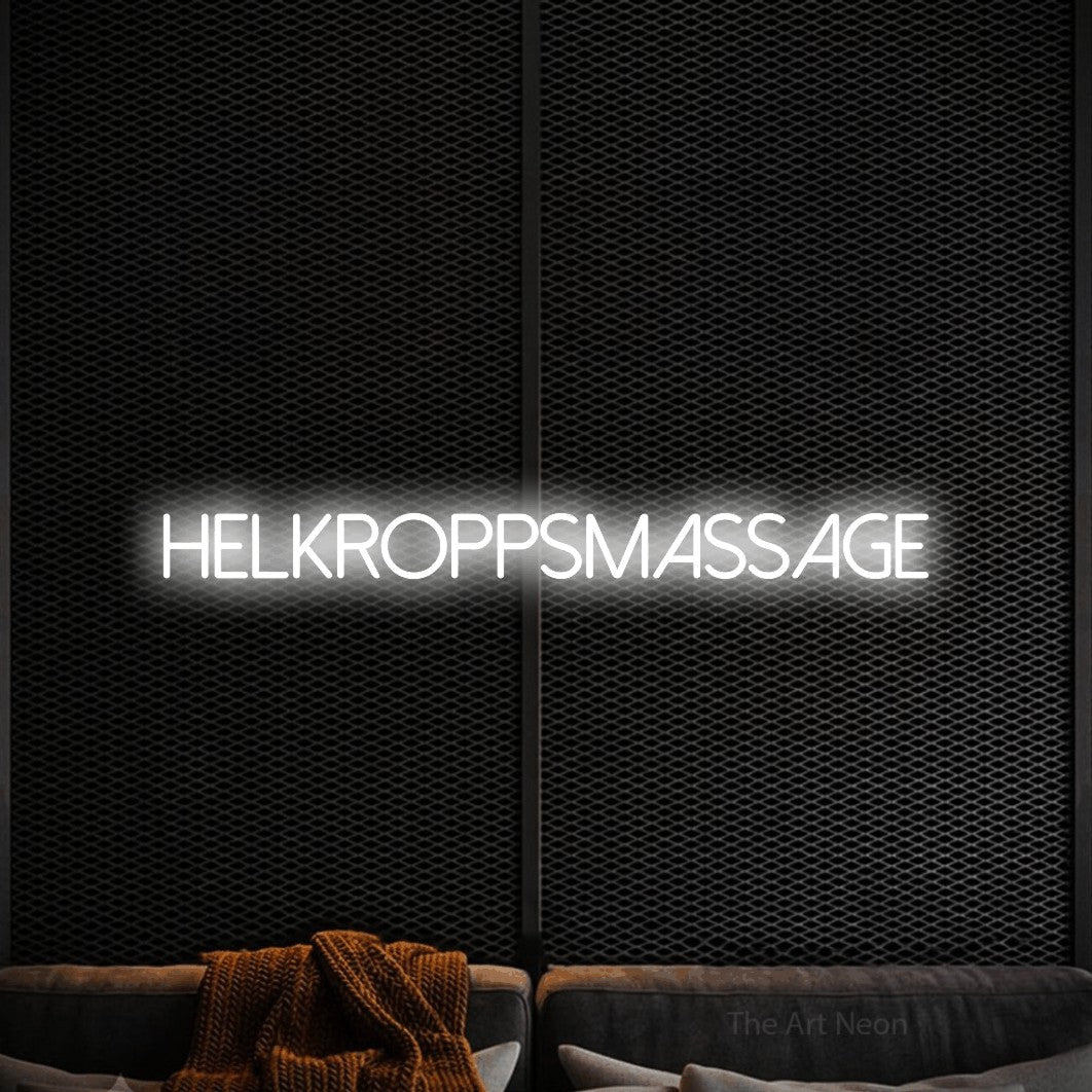 LED neon sign reading “Helkroppsmassage”, arranged in a single line.