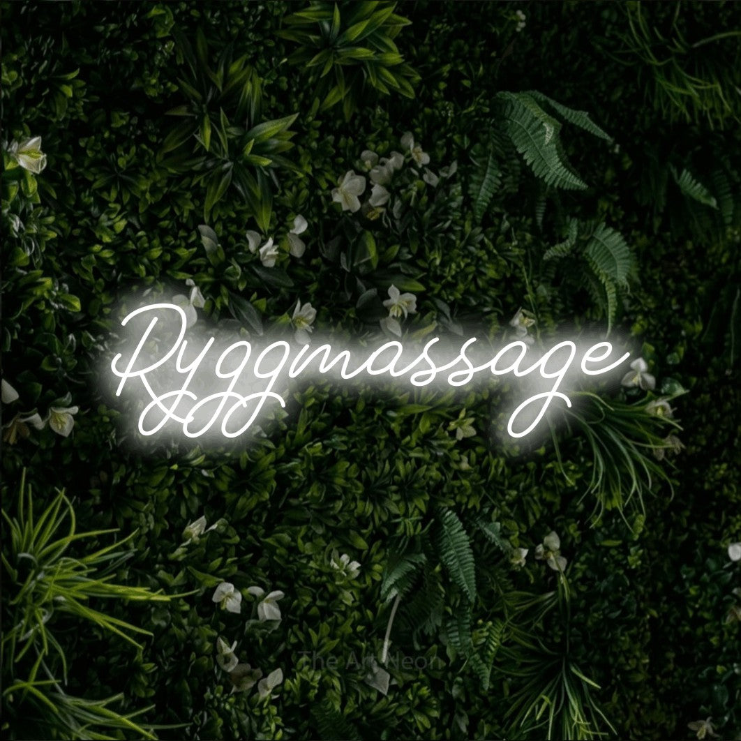 LED neon sign reading “Ryggmassage”, arranged in a single line.
