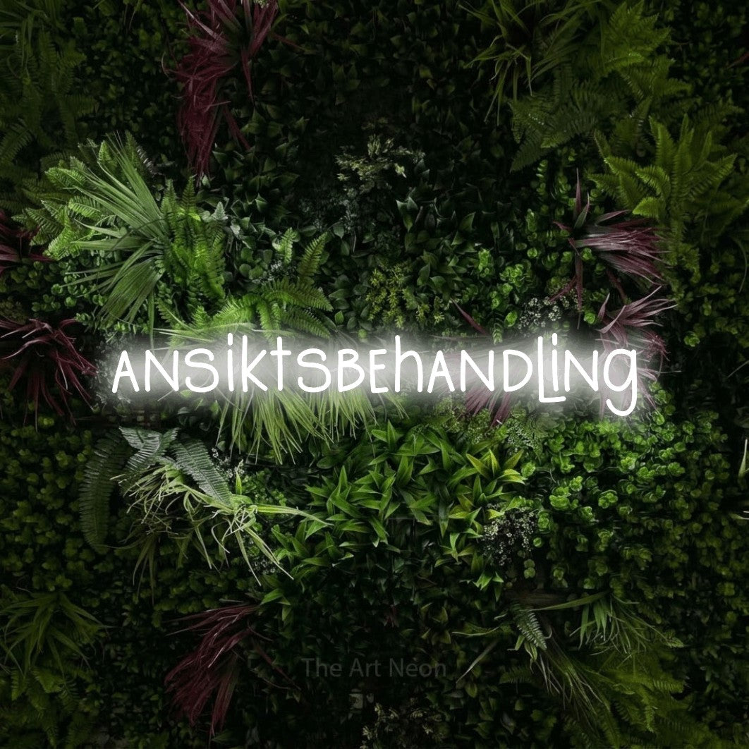 LED neon sign reading “ansiktsbehandling”, arranged in a single line.