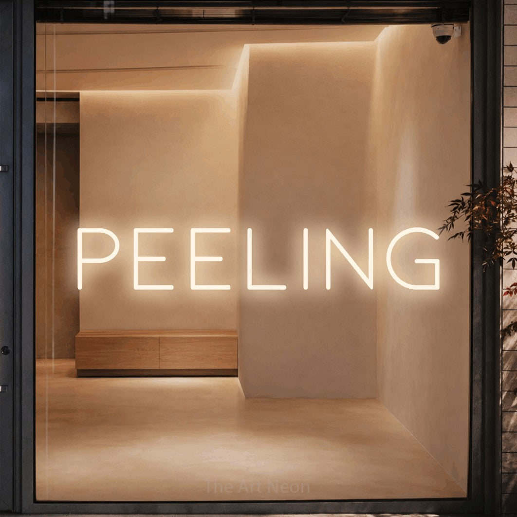 LED neon sign reading “Peeling”, arranged in a single line.