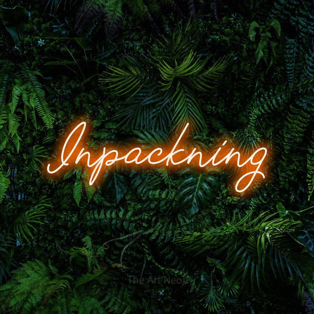 LED neon sign reading “Inpackning”, arranged in a single line.