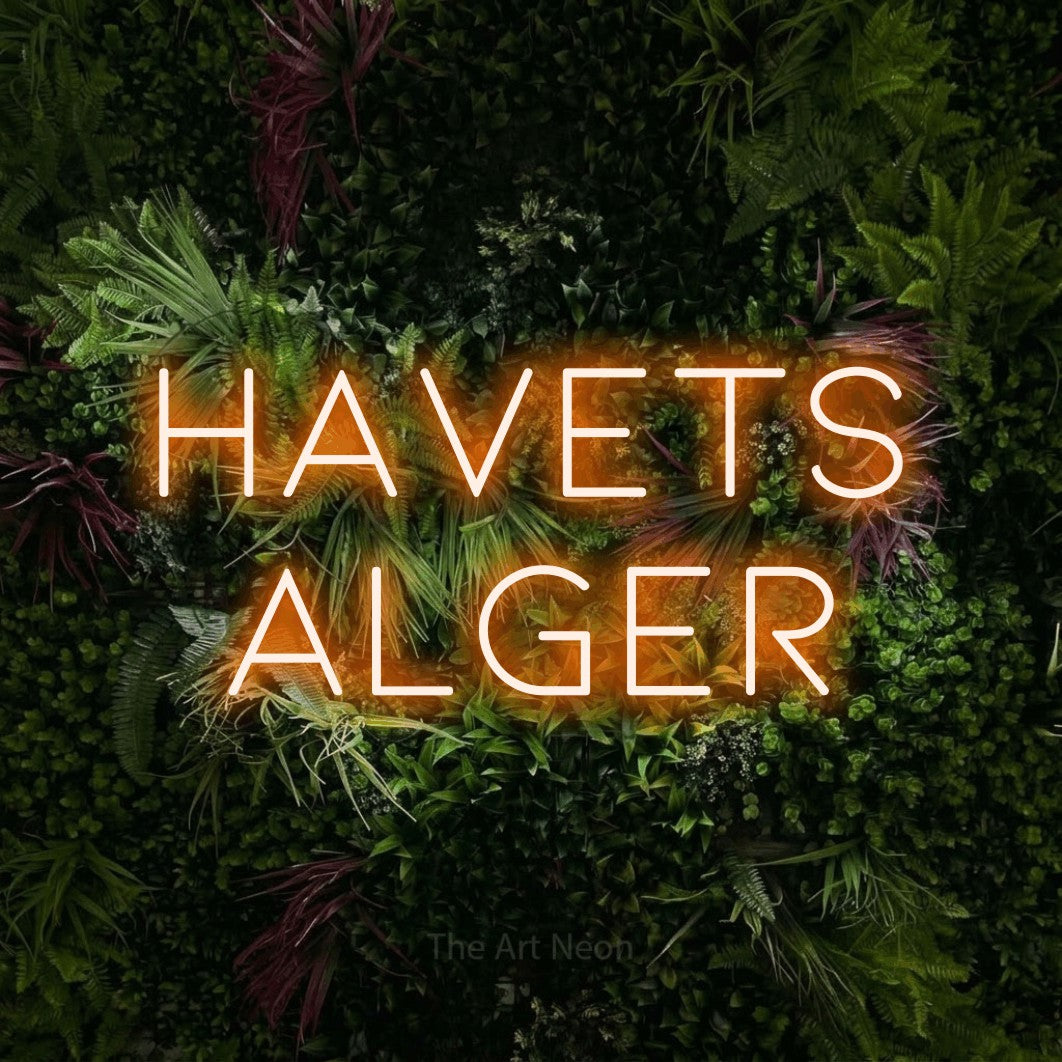 LED neon sign reading “HAVETS ALGER”, arranged in 2 lines.