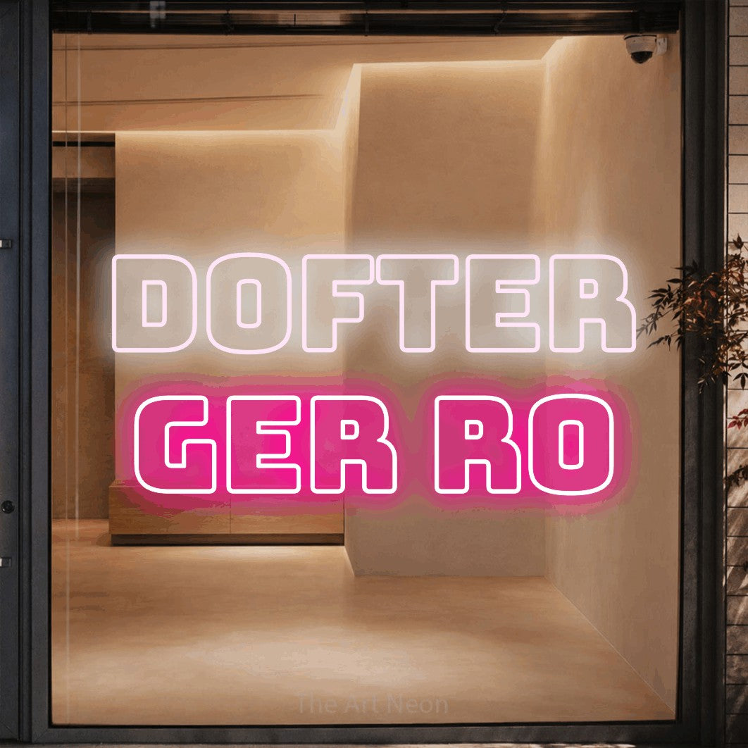 LED neon sign reading “DOFTER GER RO”, arranged in 2 lines.