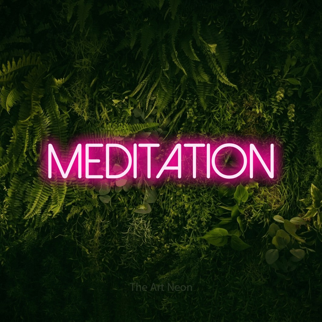 LED neon sign reading “MEDITATION”, arranged in a single line.