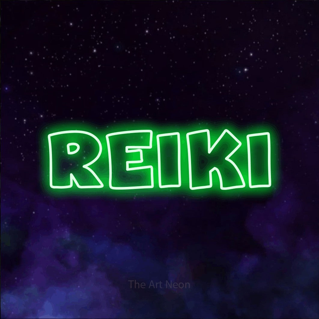 LED neon sign reading “REIKI”, arranged in a single line.