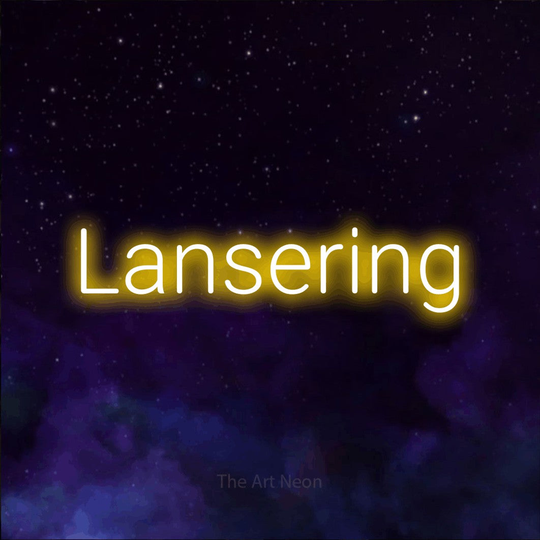 LED neon sign reading “Lansering”, arranged in a single line.