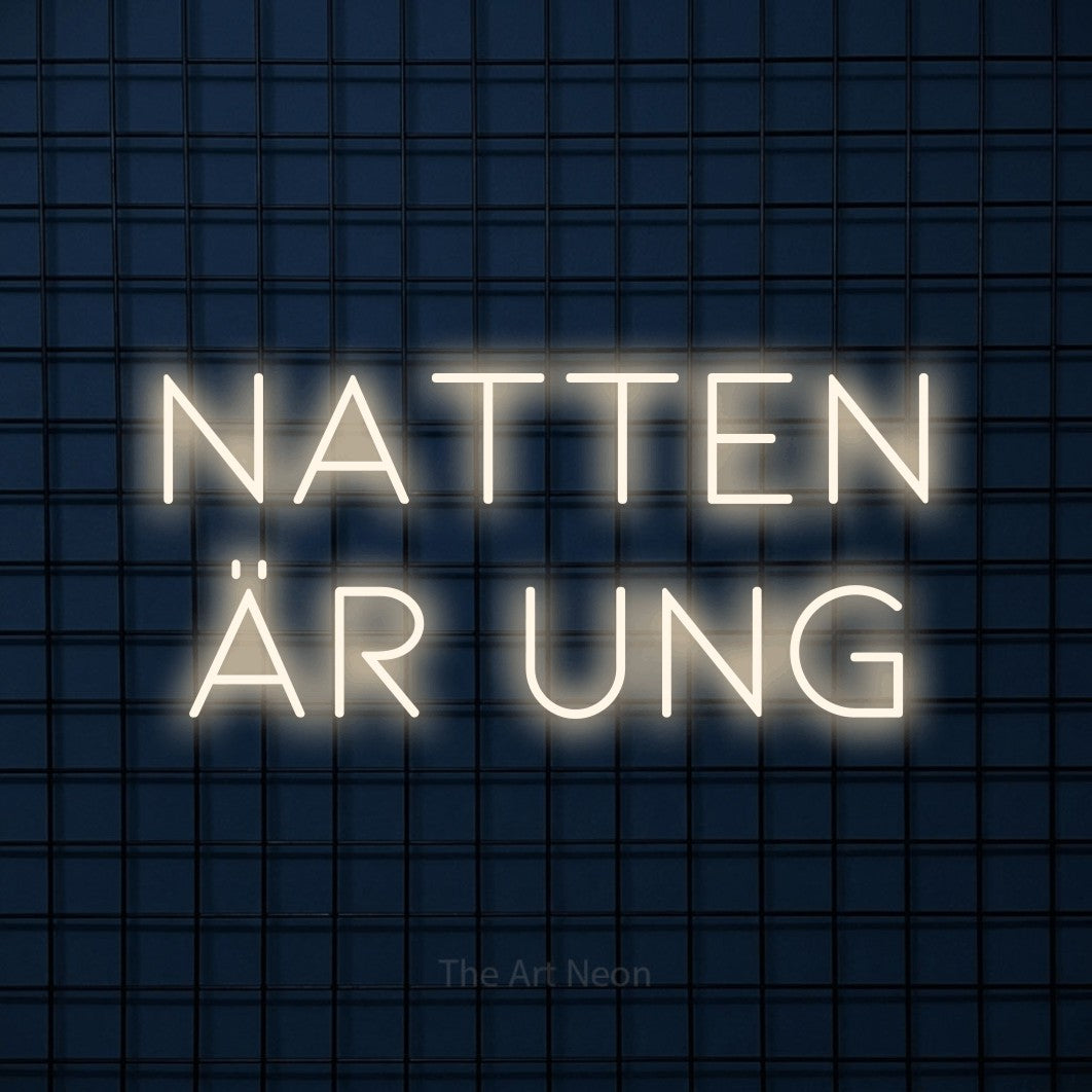 LED neon sign reading “Natten Är Ung”, arranged in 2 lines.