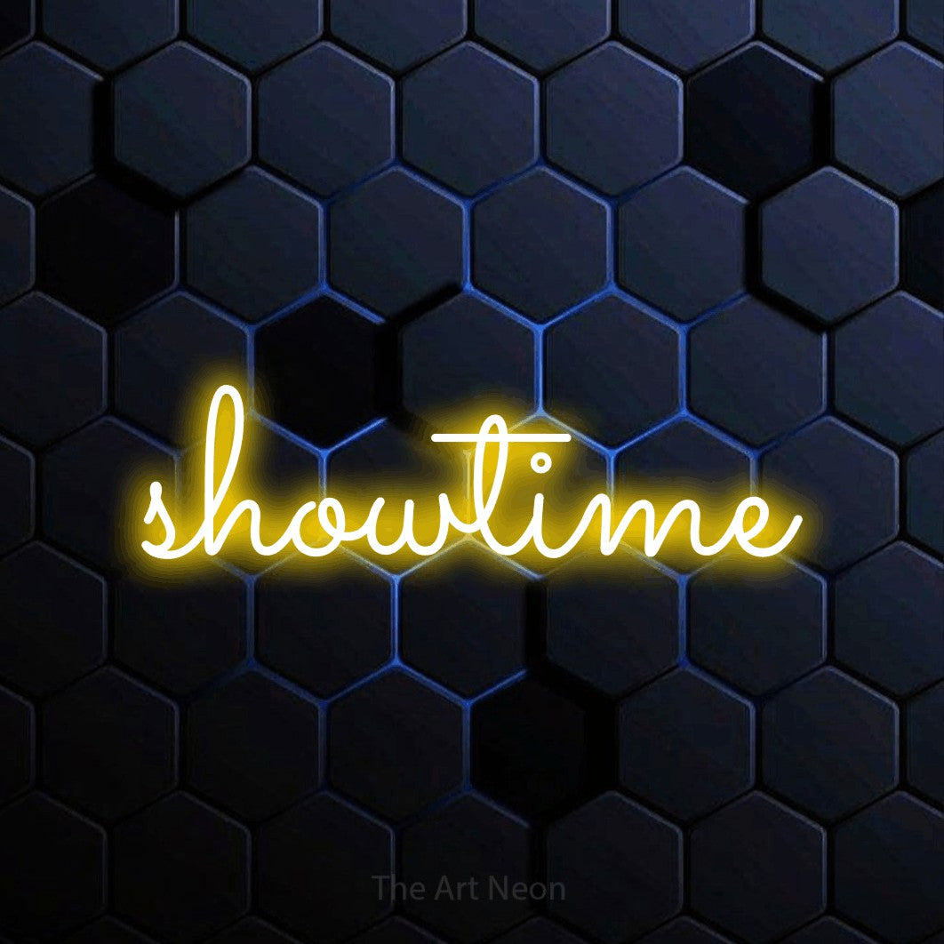 LED neon sign reading “showtime”, arranged in a single line.