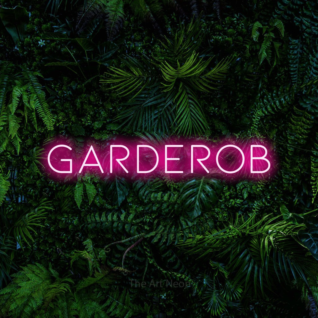 LED neon sign reading “GARDEROB”, arranged in a single line.