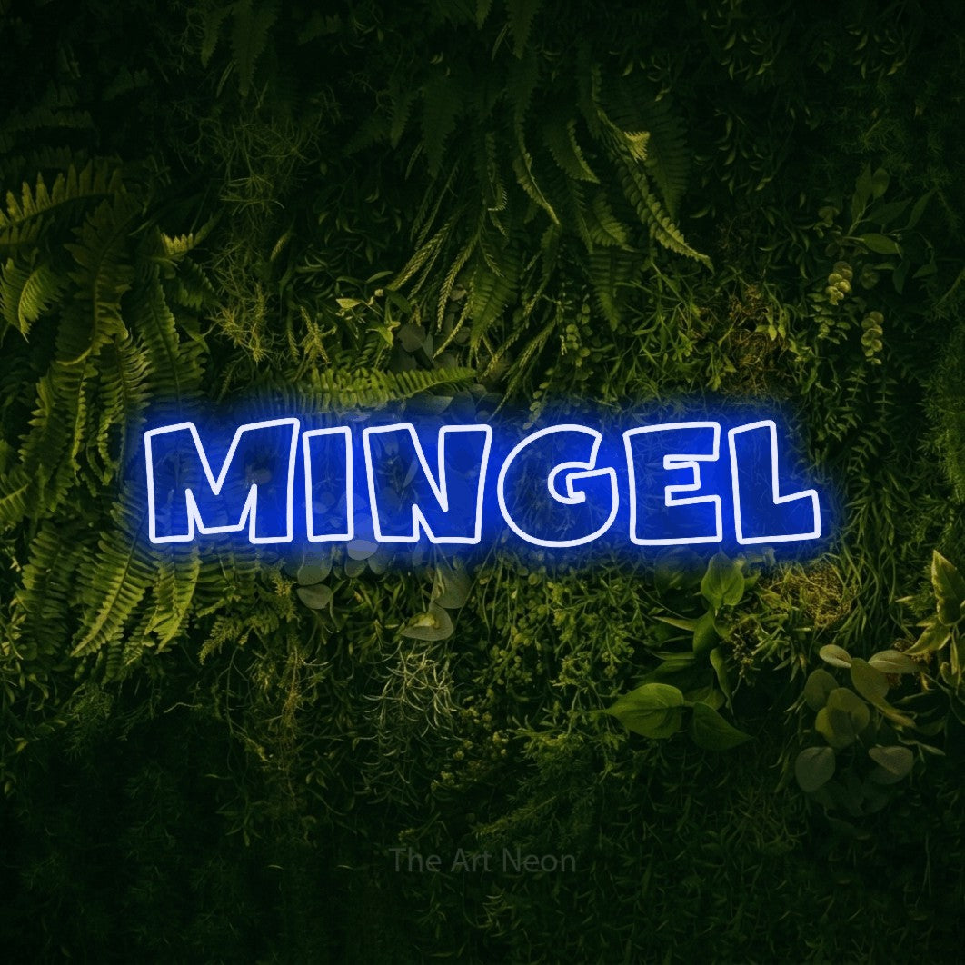 LED neon sign reading “mingel”, arranged in a single line.