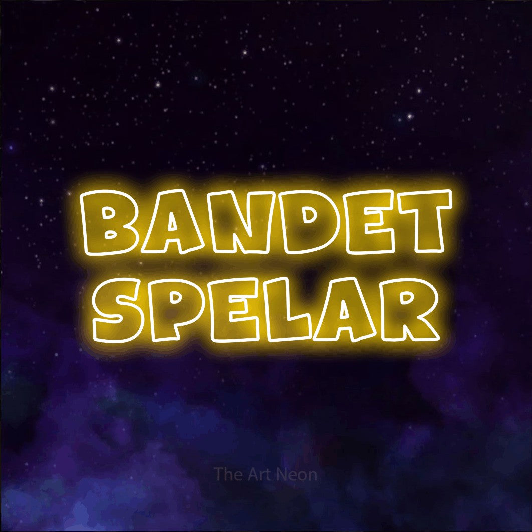 LED neon sign reading “BANDET SPELAR”, arranged in 2 lines.