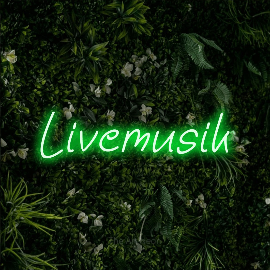LED neon sign reading “Livemusik”, arranged in a single line.