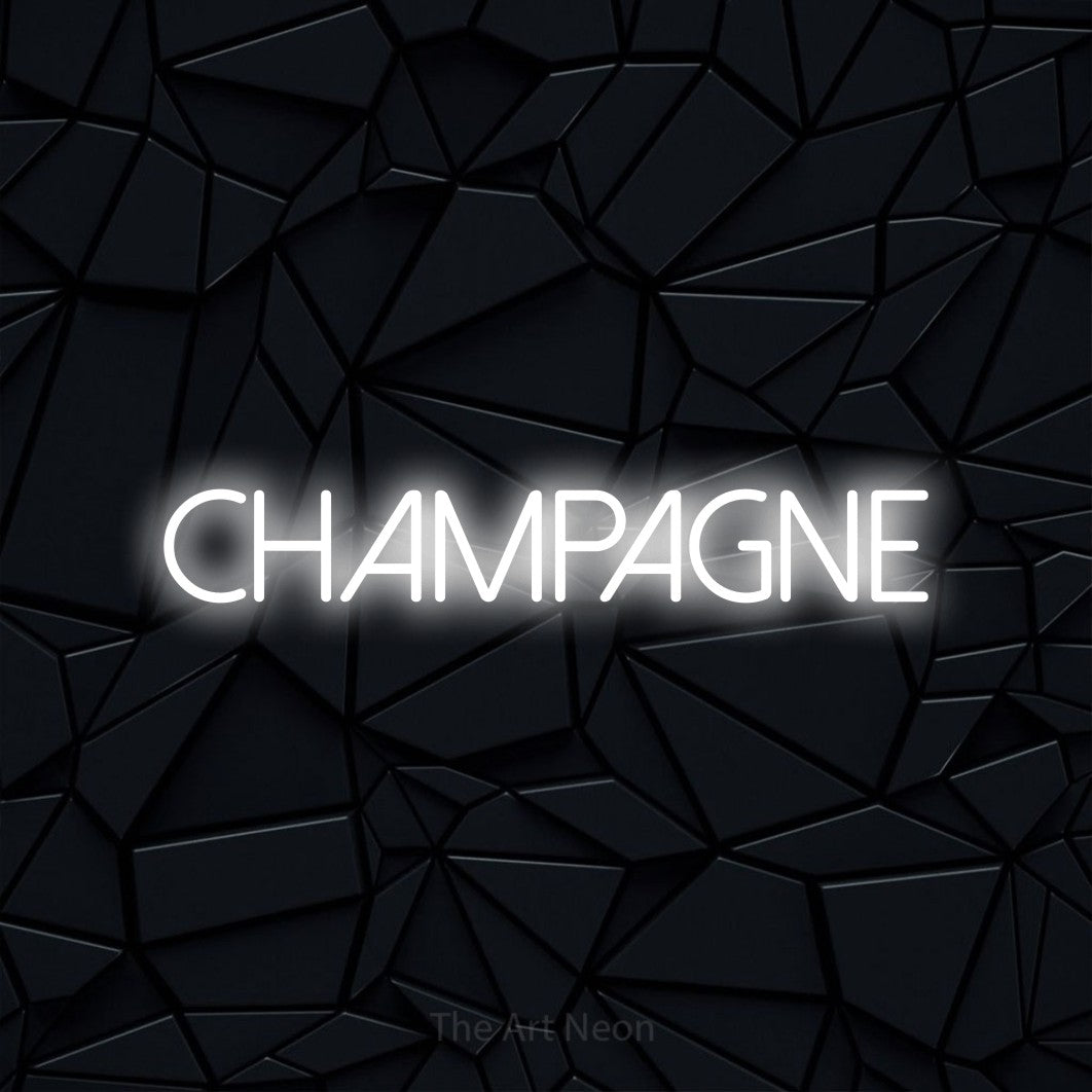 LED neon sign reading “champagne”, arranged in a single line.