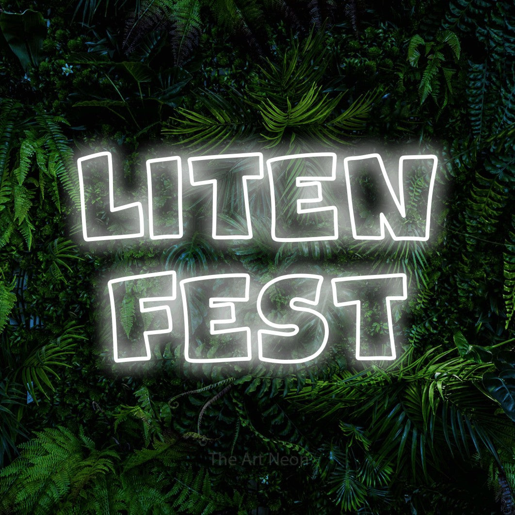 LED neon sign reading “Liten Fest”, arranged in 2 lines.
