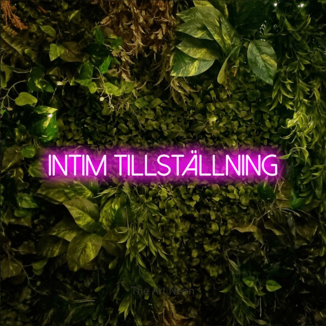 LED neon sign reading “intim tillställning”, arranged in a single line.