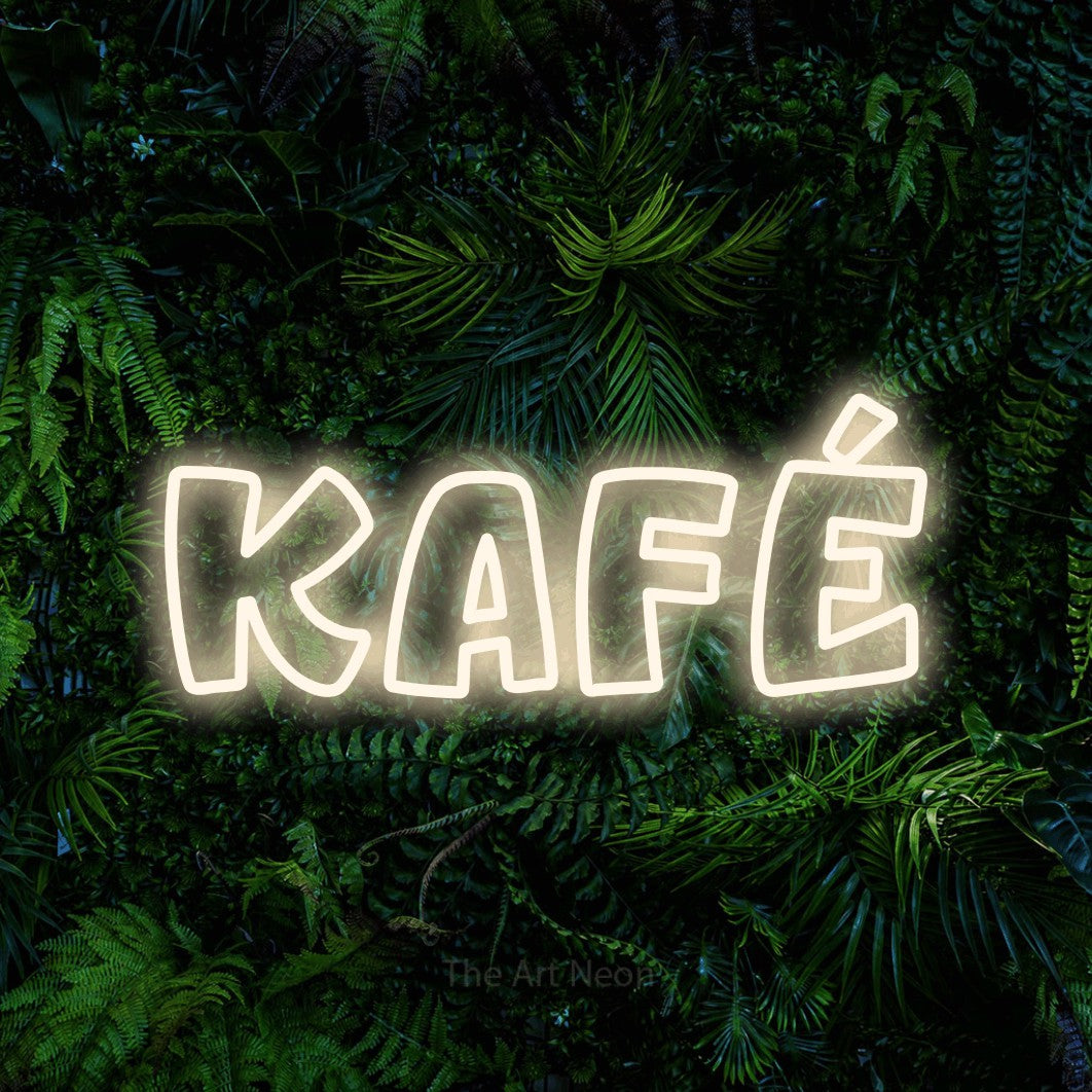 LED neon sign reading “kafé”, arranged in a single line.