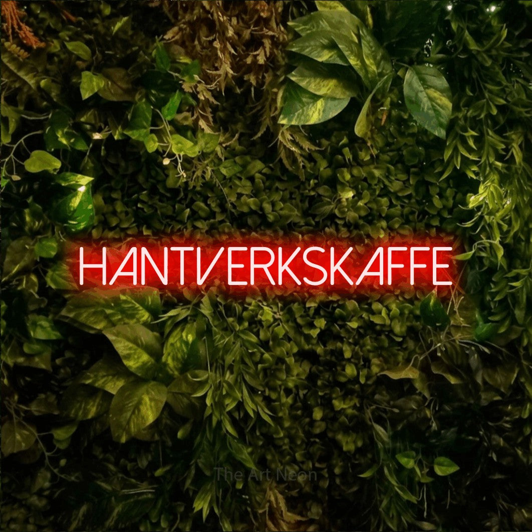 LED neon sign reading “Hantverkskaffe”, arranged in a single line.