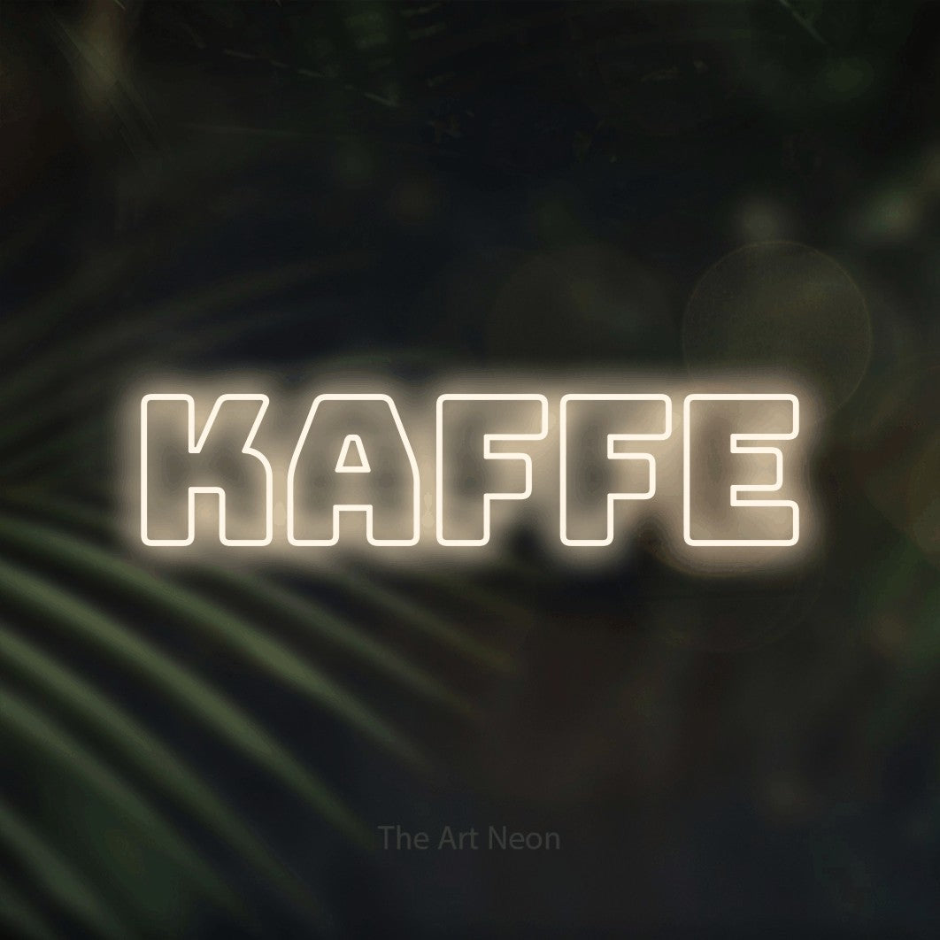 LED neon sign reading “Kaffe”, arranged in a single line.
