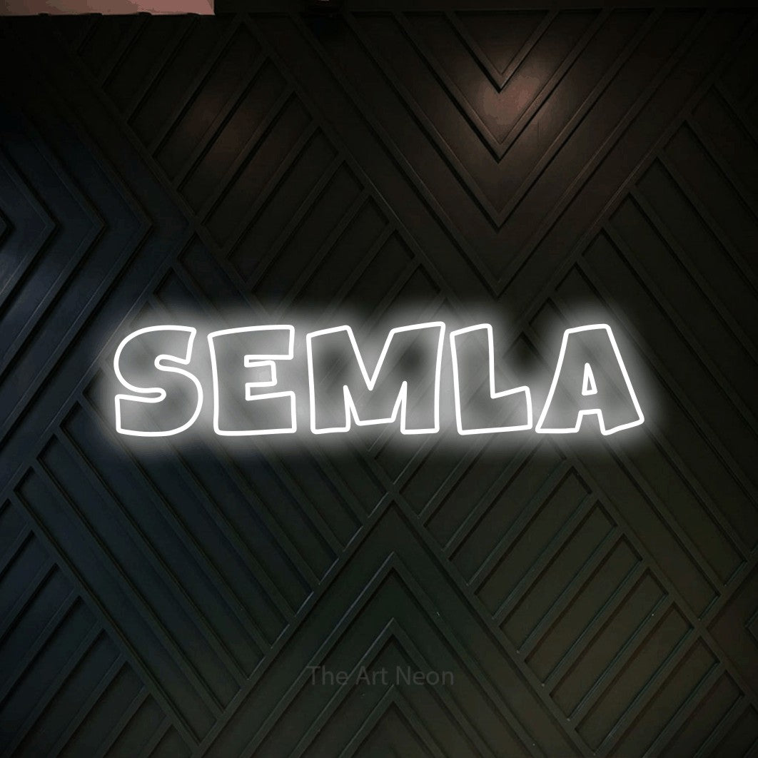 LED neon sign reading “Semla”, arranged in a single line.
