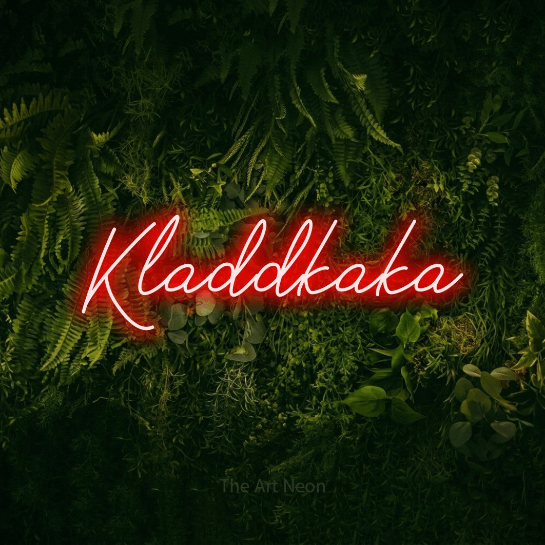 LED neon sign reading “Kladdkaka”, arranged in a single line.