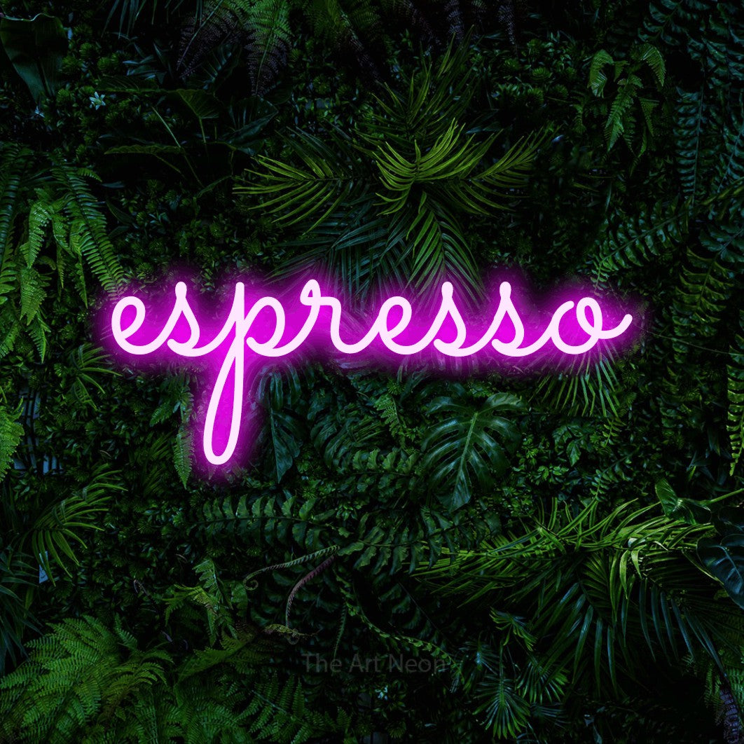 LED neon sign reading “espresso”, arranged in a single line.
