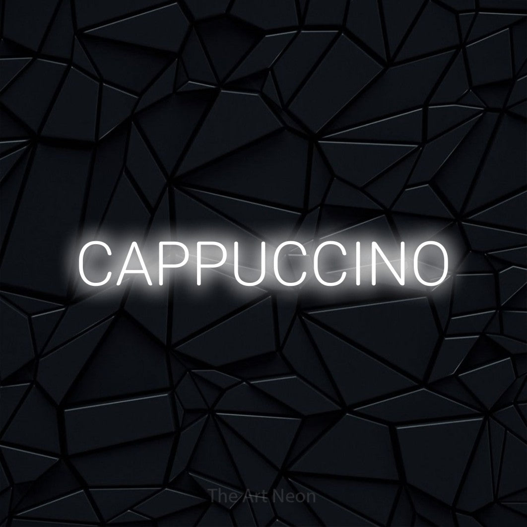 LED neon sign reading “CAPPUCCINO”, arranged in a single line.