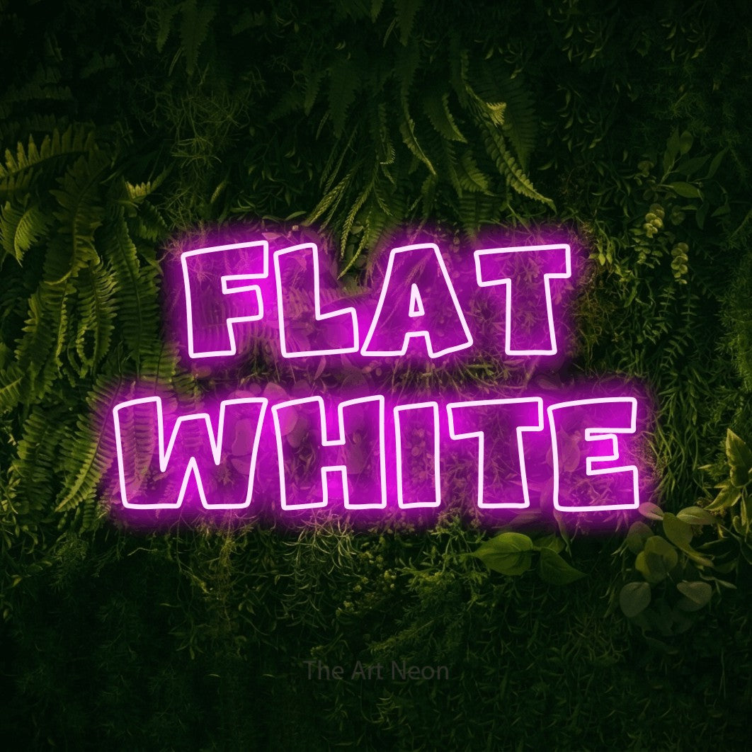 LED neon sign reading “FLAT WHITE”, arranged in 2 lines.