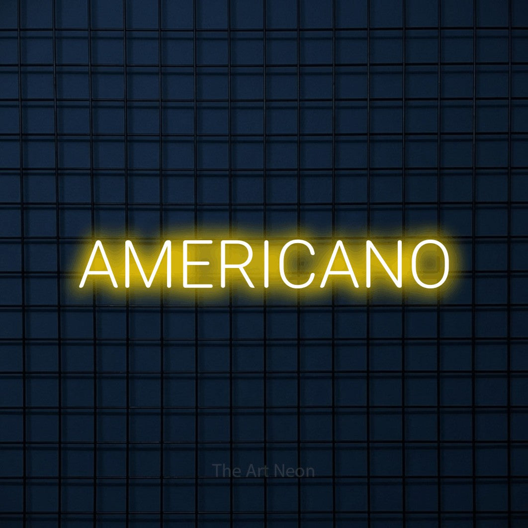 LED neon sign reading “AMERICANO”, arranged in a single line.
