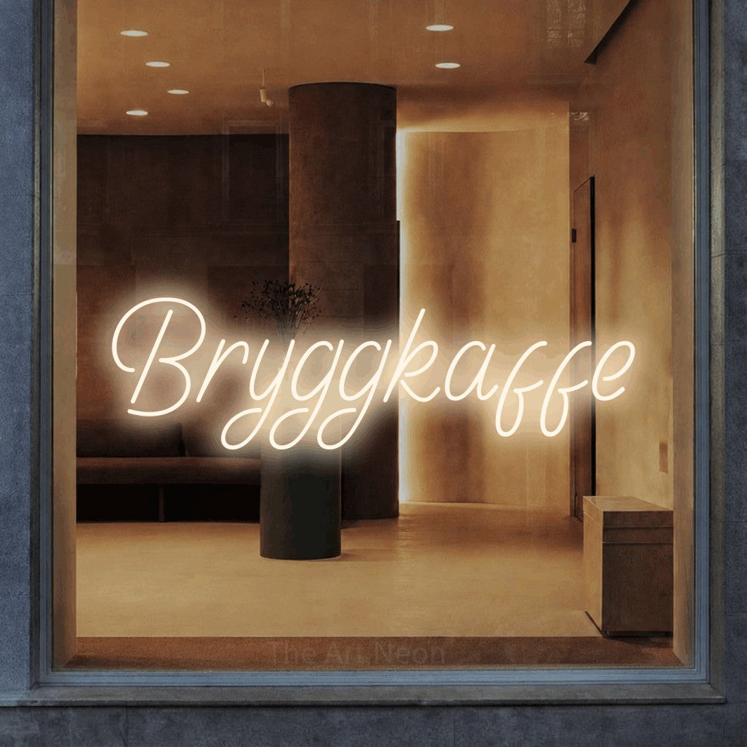 LED neon sign reading “Bryggkaffe”, arranged in a single line.