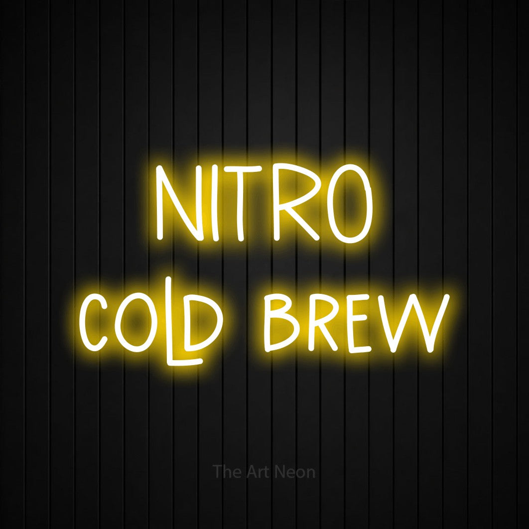 LED neon sign reading “NITRO cold brew”, arranged in 2 lines.
