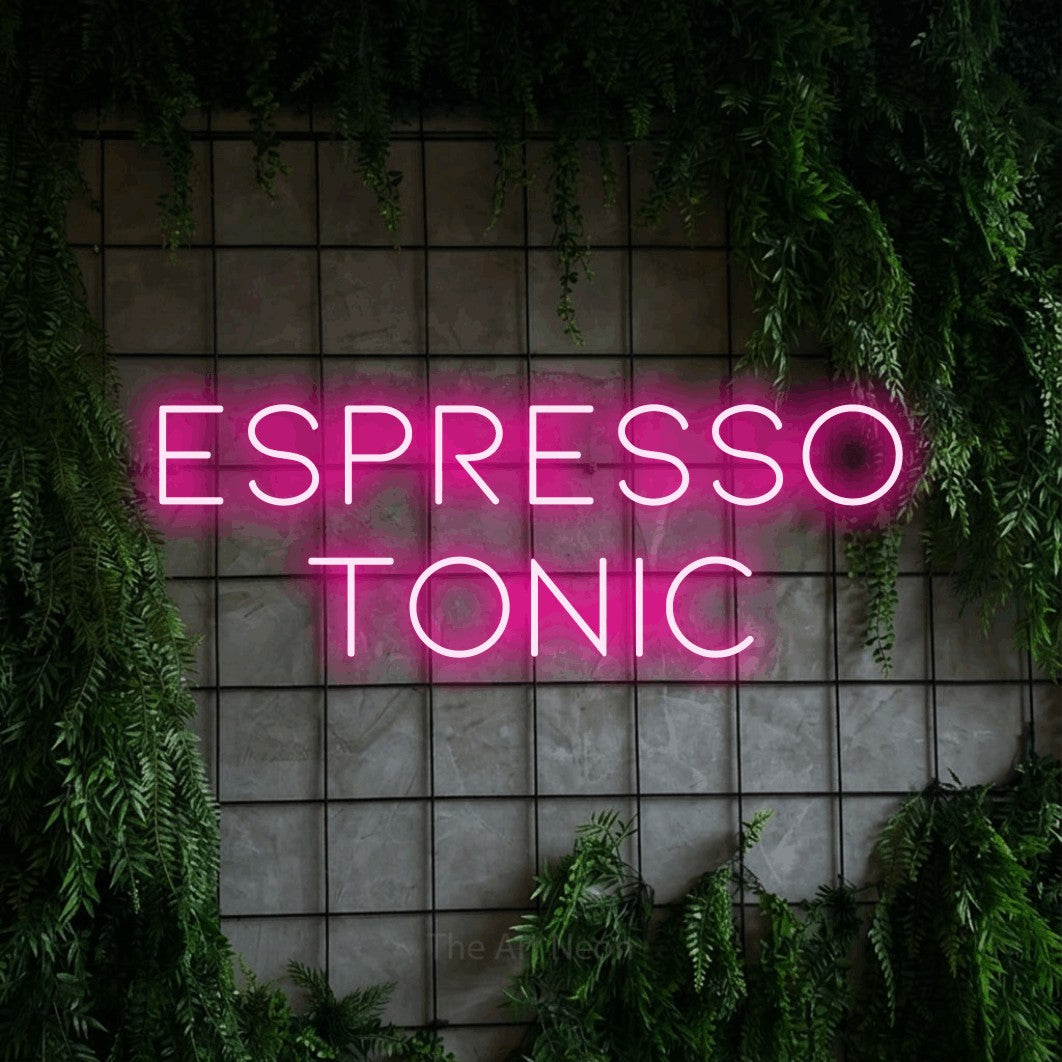 LED neon sign reading “Espresso Tonic”, arranged in 2 lines.