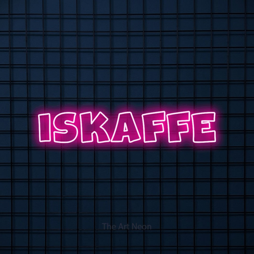 LED neon sign reading “Iskaffe”, arranged in a single line.