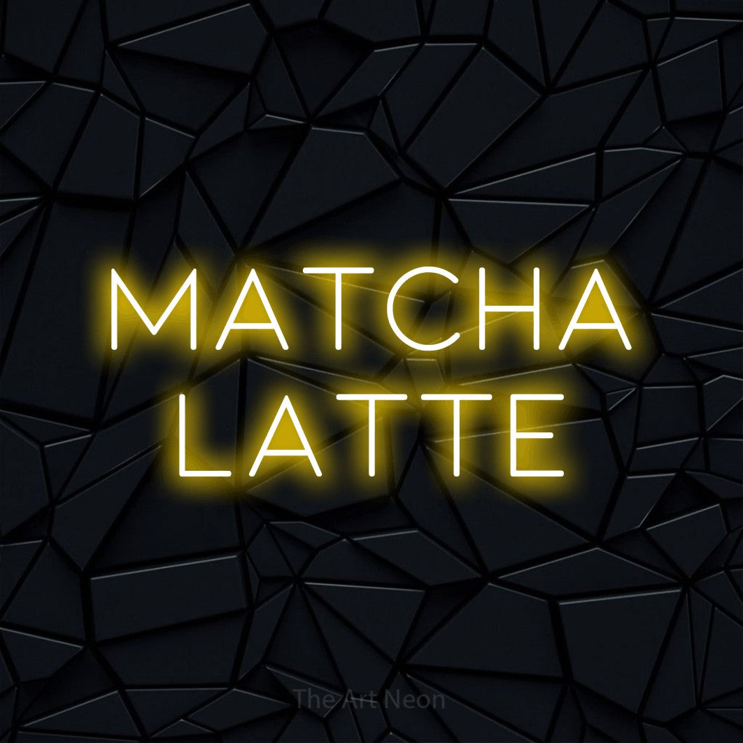 LED neon sign reading “matcha latte”, arranged in 2 lines.