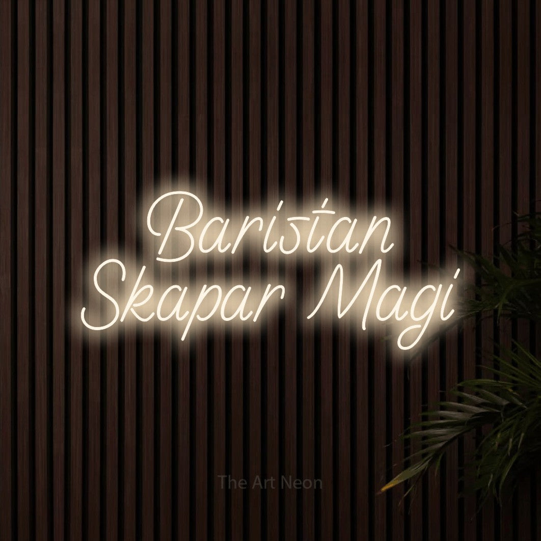 LED neon sign reading “Baristan Skapar Magi”, arranged in 2 lines.