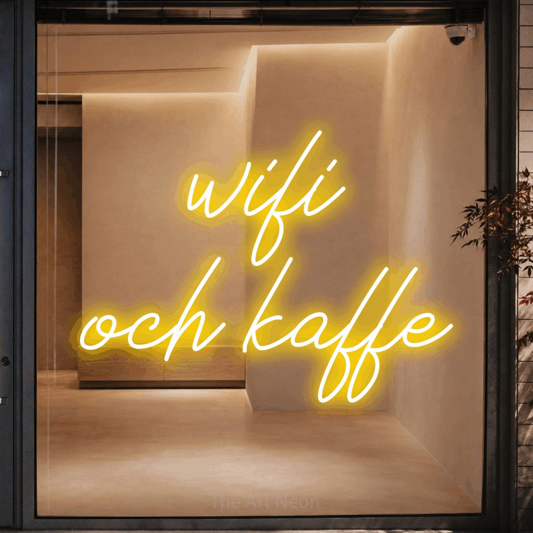 LED neon sign reading “wifi och kaffe”, arranged in 2 lines.