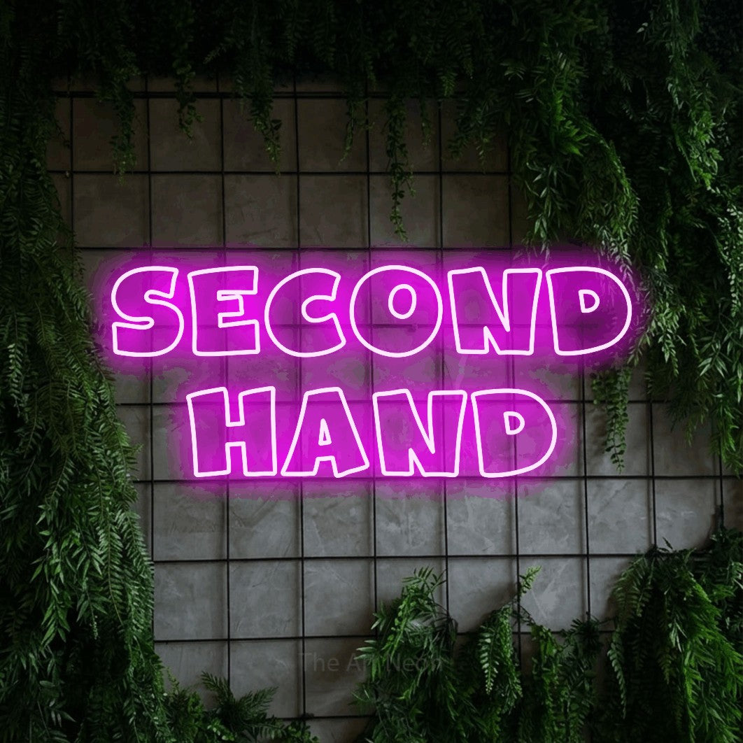LED neon sign reading “SECOND HAND”, arranged in 2 lines.