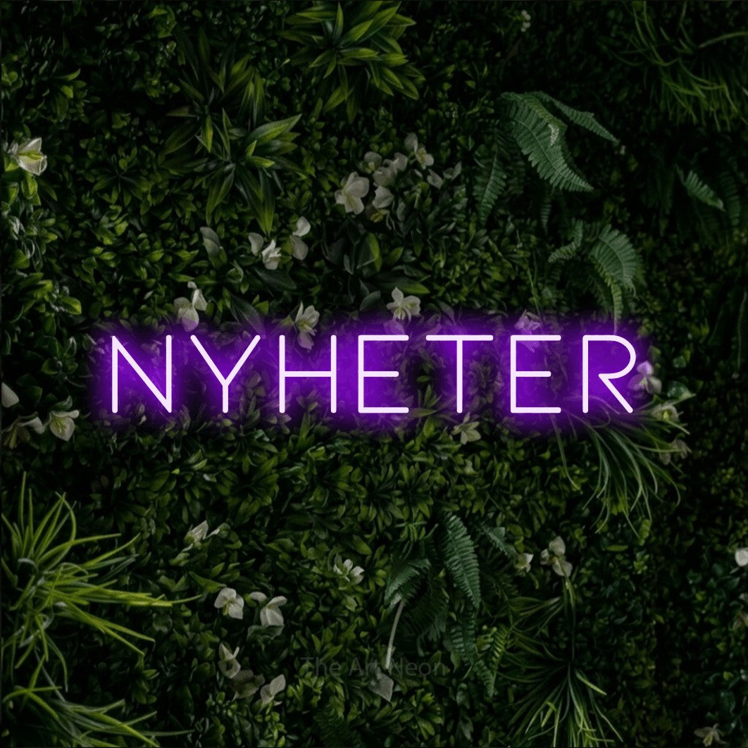 LED neon sign reading “Nyheter”, arranged in a single line.