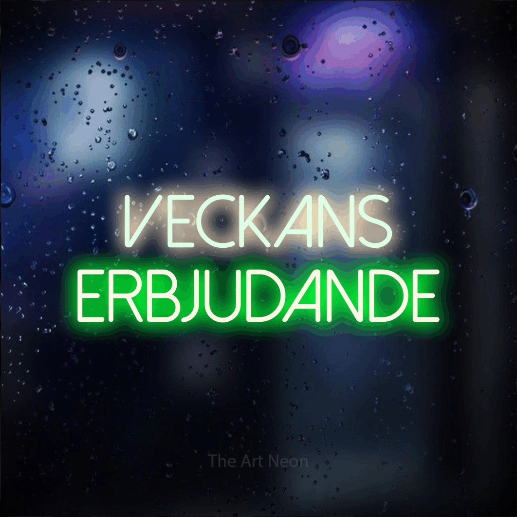 LED neon sign reading “veckans erbjudande”, arranged in 2 lines.