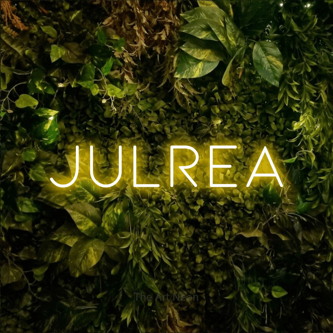 LED neon sign reading “julrea”, arranged in a single line.